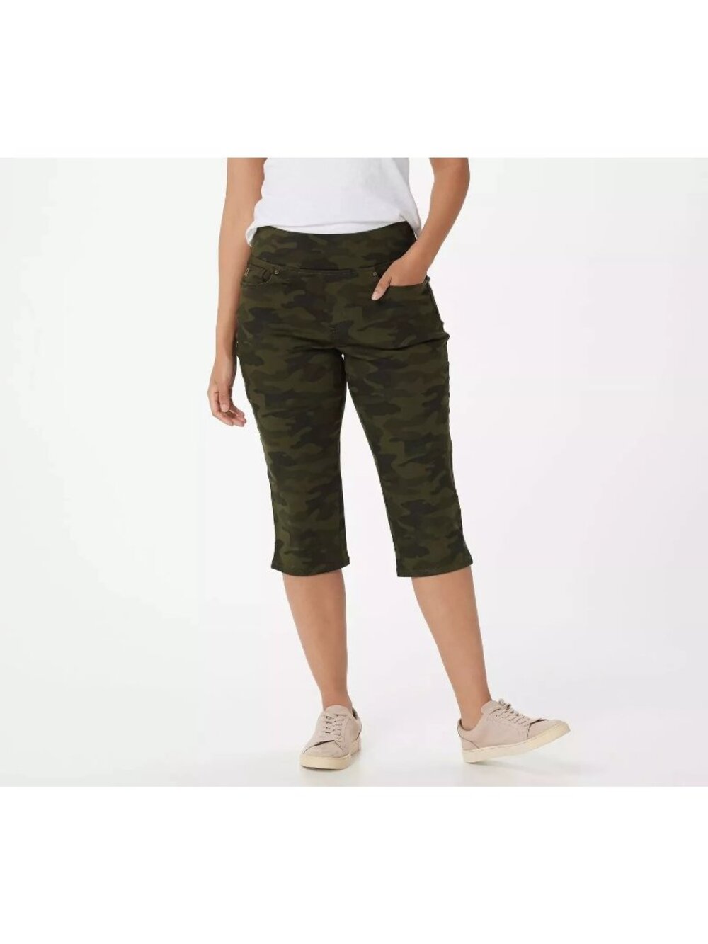 Belle by Kim Gravel Capri Pants 10 TripleLuxe Twill Camo Green Cotton Blend NEW